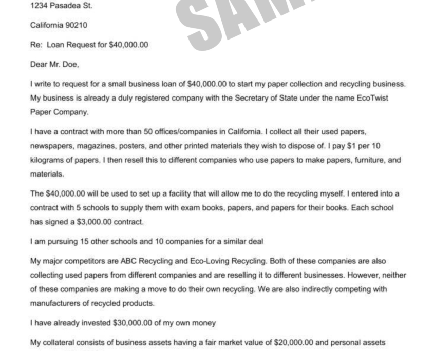 small business loan bank request letter