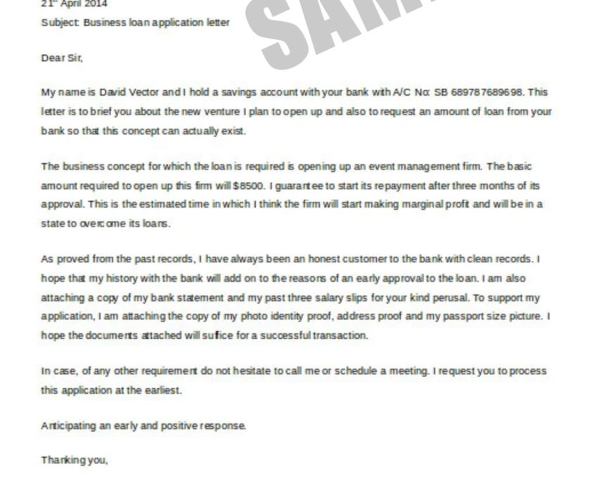 small business loan bank request letter