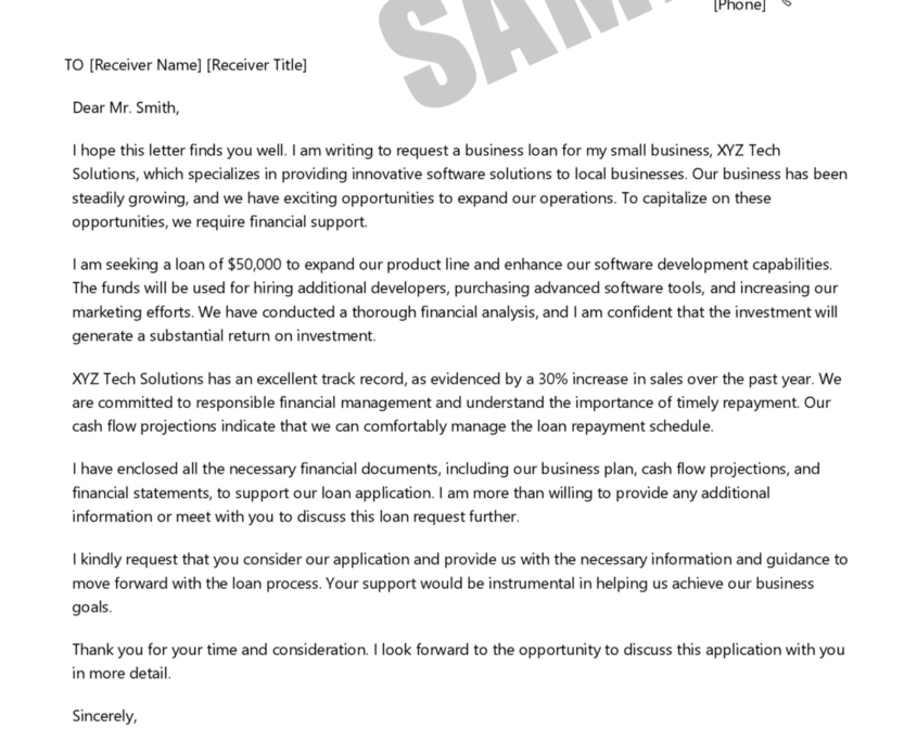 small business loan bank request letter